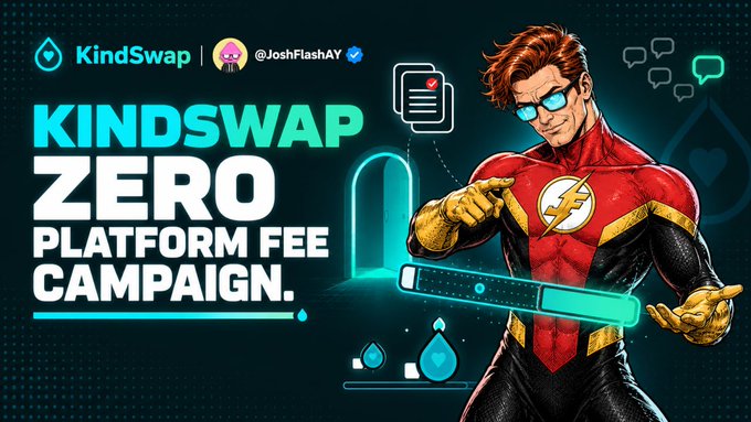A KindSwap promotional banner with a Flash superhero character, advertising the 'KINDSWAP ZERO PLATFORM FEE CAMPAIGN' with the username @JoshFlashAY.
