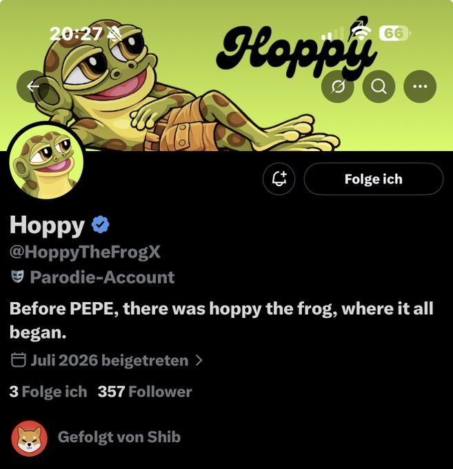 A social media profile page for a parody account named "Hoppy" (@HoppyTheFrogX), featuring a cartoon frog mascot and the bio: "Before PEPE, there was hoppy the frog, where it all began."