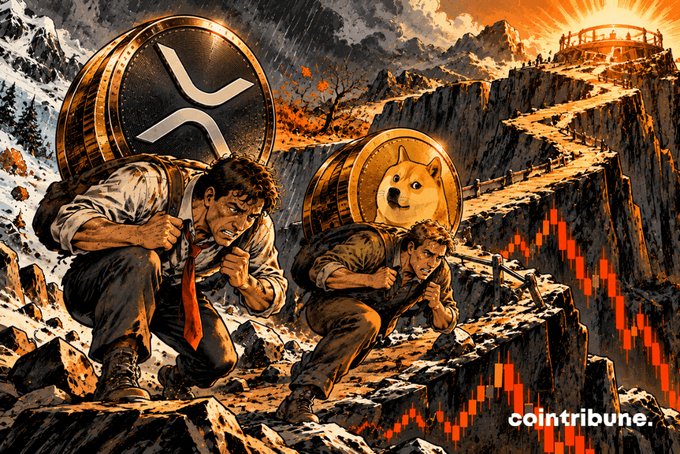 A stylized illustration of two men climbing a treacherous mountain path carrying large coin-like backpacks—one featuring the XRP logo and the other a Dogecoin logo—with a 'cointribune.' watermark in the bottom right.