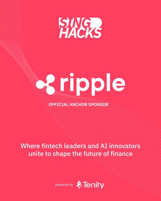 A pink promotional graphic for 'ISNG HACKS' featuring the Ripple logo as the 'OFFICIAL ANCHOR SPONSOR', with the tagline 'Where fintech leaders and AI innovators unite to shape the future of finance' powered by Tenity.