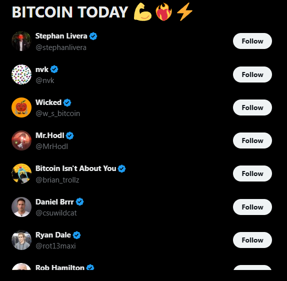 The image shows a Twitter/X screenshot featuring a "BITCOIN TODAY" list of accounts to follow, including prominent Bitcoin personalities like Stephan Livera (@stephanlivera), nvk (@nvk), and Wicked (@w_s_bitcoin), with a "Follow" button next to each. The list appears to display Bitcoin community influencers whose accounts the user is being asked to follow, though it notably omits an account that the post's author claims has been defaming them regarding Coldcard endorsements.
