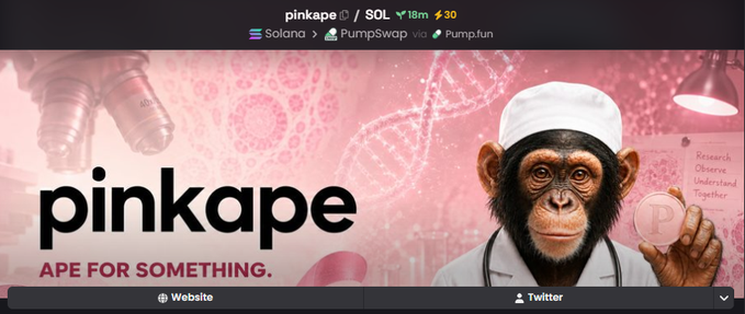 Promotional banner for 'pinkape' cryptocurrency token on Solana via PumpSwap and Pump.fun, featuring a chimpanzee in a lab coat and pink science-themed background.