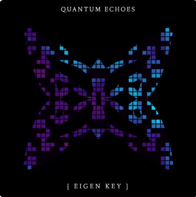 Album/track artwork titled 'QUANTUM ECHOES' with '[ EIGEN KEY ]' at the bottom, featuring a purple and blue pixelated butterfly design on a black background.