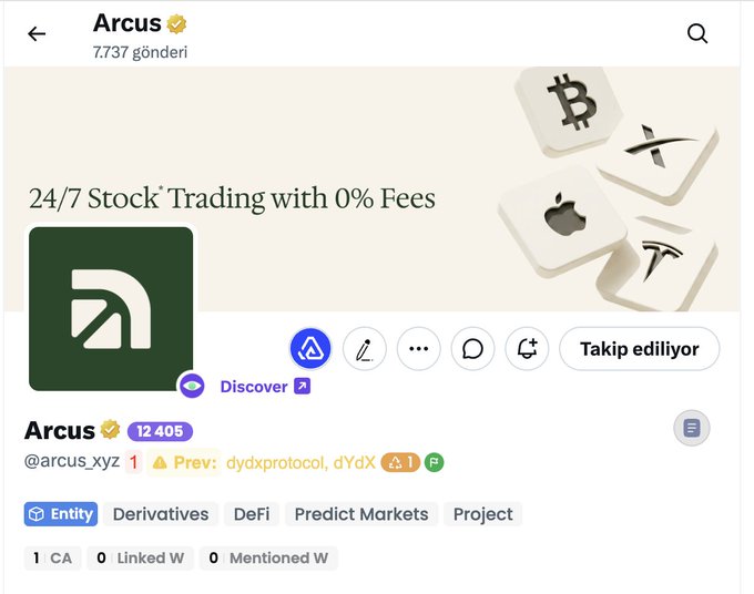 The image shows a profile page for Arcus (@arcus_xyz), featuring a "24/7 Stock Trading with 0% Fees" banner with Bitcoin, Apple, and Tesla logos, displaying 7,737 görüntüleme, 12,405 followers, and previous protocols dYdX and dYdX Protocol. The post promotes Arcus's whitelist (WL) code distribution for early access to their trading platform, emphasizing early entry and trustworthiness.