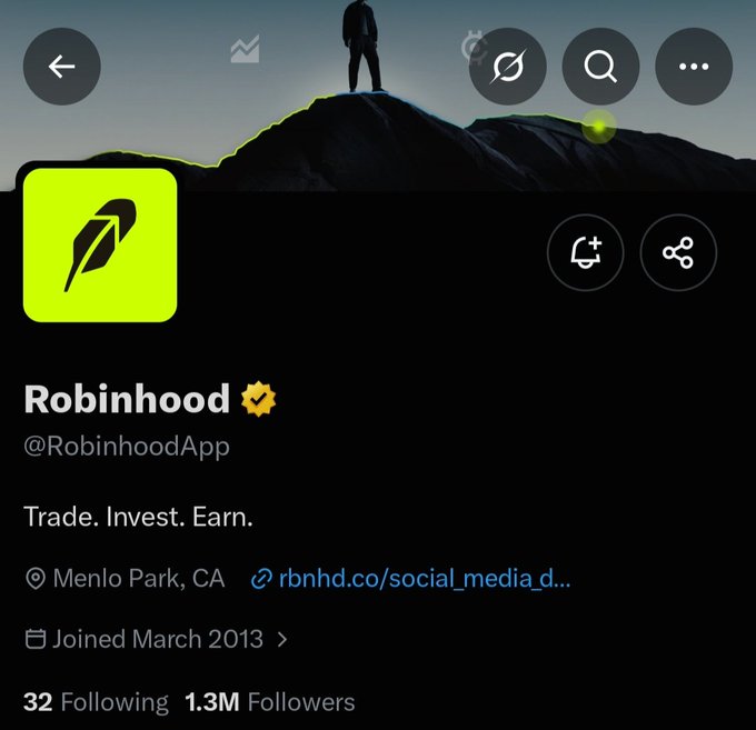 A social media profile page for Robinhood (@RobinhoodApp), based in Menlo Park, CA, joined March 2013, with 1.3M followers and the tagline 'Trade. Invest. Earn.'