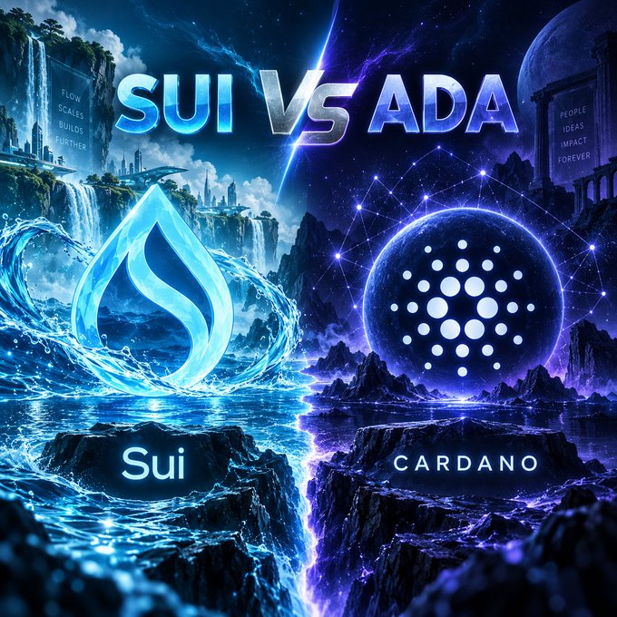 A fantasy-themed promotional graphic comparing the Sui and Cardano (ADA) cryptocurrencies with their respective logos on a dramatic split background.