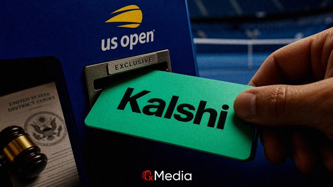 A hand inserts a green "Kalshi" card into a slot labeled "EXCLUSIVE" beneath the "US Open" logo, with a USTA court document and gavel visible alongside, illustrating the prediction market firm's newly announced exclusive partnership with the U.S. Open following the court's ruling that sports contracts qualify as gambling.