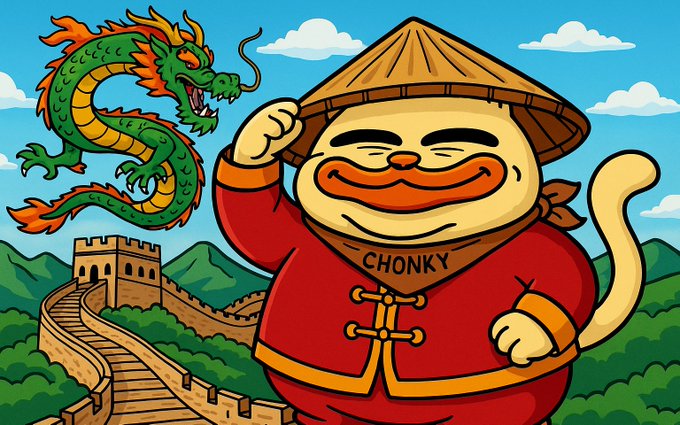 A cartoon of a chubby cat in a Chinese-style conical hat and red outfit labeled 'CHONKY', with a green dragon and Great Wall in the background.