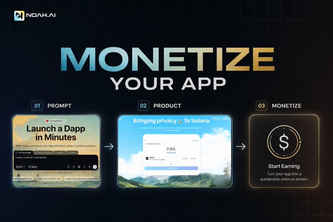 Noah.AI promotional graphic with 'MONETIZE YOUR APP' showing a 3-step process: Prompt, Product, Monetize.