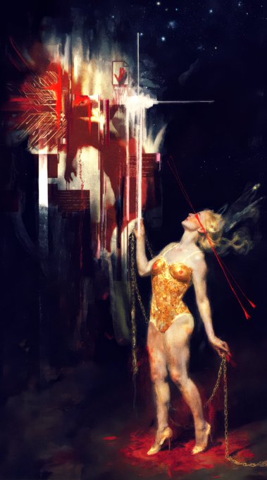 A dark, surreal digital painting of a woman in a gold corset and heels holding chains, gazing up at a blood-stained cross-shaped structure with a heart icon.