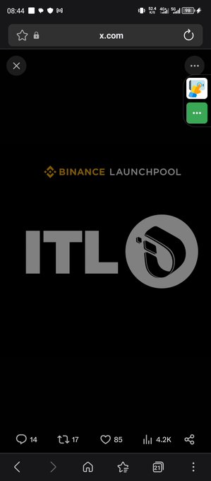 A screenshot of a mobile phone displaying an X.com (formerly Twitter) post about 'BINANCE LAUNCHPOOL' featuring the 'ITL' logo with a lock icon, showing 14 replies, 17 reposts, 85 likes, and 4.2K views.