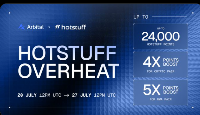 A promotional banner for 'HOTSTUFF OVERHEAT' collaboration between Arbital and Hotstuff, offering up to 24,000 Hotstuff Points, 4x points boost for crypto pairs, and 5x points boost for RWA pairs, running 20 July 12PM UTC to 27 July 12PM UTC.