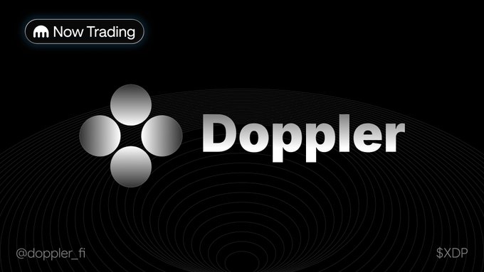 A promotional graphic for 'Doppler' featuring a metallic logo, 'Now Trading' badge, and the handle '@doppler_fi' with ticker '$XDP'.