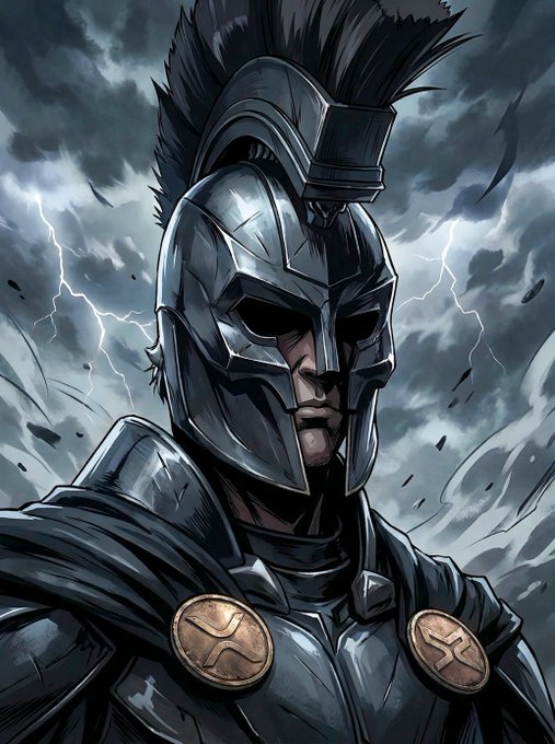 A stoic Spartan warrior in battle-worn armor stands resolute against a stormy, lightning-filled sky, with XRP coin insignias on his shoulders symbolizing the #XRPArmy's steadfast resilience and unwavering belief in $XRP's role in the future of finance. The warrior's determined gaze mirrors the post's message of patience and conviction amid volatility, with "clarity loading" reflected in the distant storm about to break.