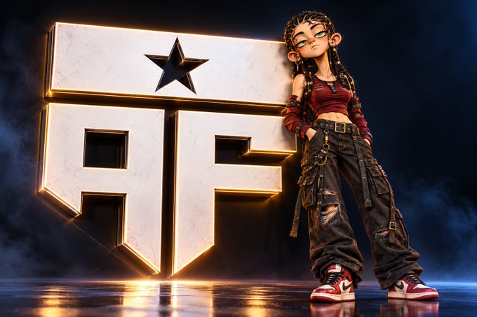 A 3D-rendered character with braided hair, glasses, a red crop top, and cargo pants stands next to a large illuminated 'HF' logo with a star.