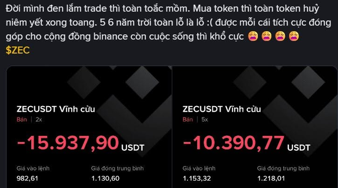 A screenshot of a Vietnamese social media post about trading losses, showing two Binance orders for 'ZECUSDT Vĩnh cửu' with significant negative USDT values.