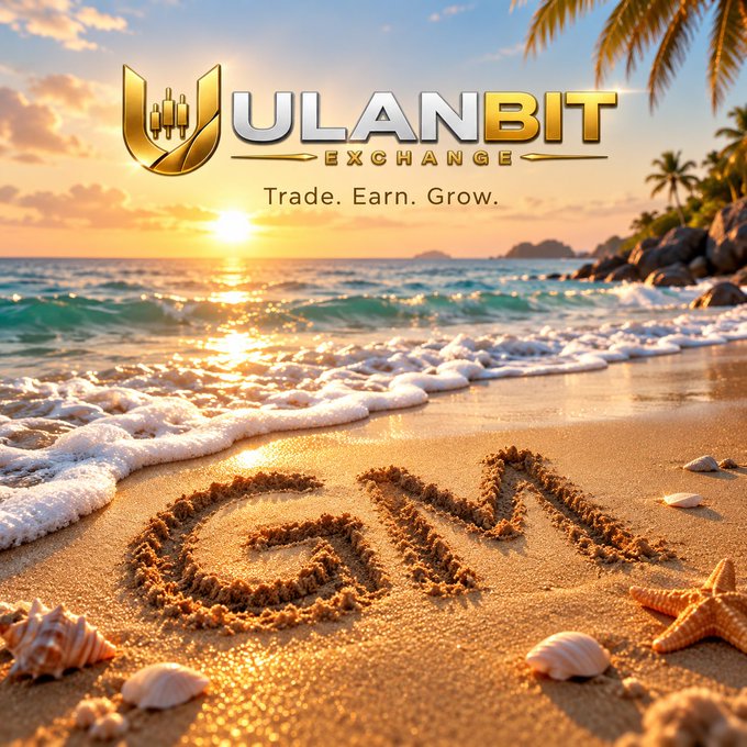 A promotional banner for 'ULANBIT EXCHANGE' featuring the tagline 'Trade. Earn. Grow.' is set against a sunset beach scene with 'GAIN' written in the sand.