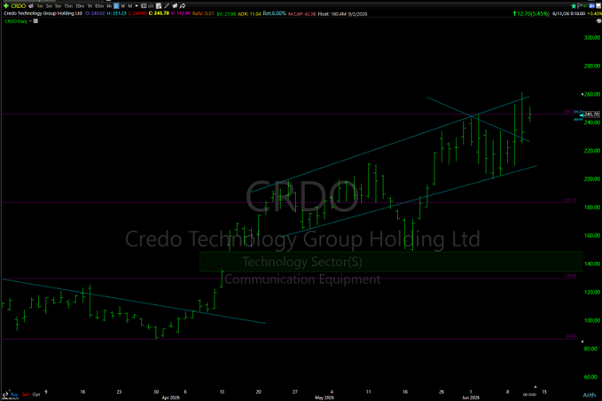 The image shows a stock chart with a green line indicating a trend, likely for Crdo Technology Group Holding Ltd. This company's stock has been consistently rising over time. The post also mentions that this company is still holding its position as the #1 performer in the industry.