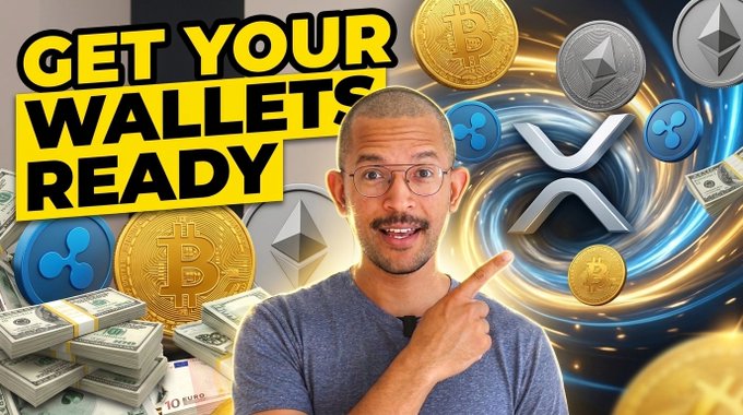 A man with glasses points toward a "GET YOUR WALLETS READY" banner surrounded by Bitcoin, XRP, and Ethereum logos alongside stacks of cash, visually reinforcing the YouTube thumbnail's message about an impending major move in the crypto market with Ripple XRP.