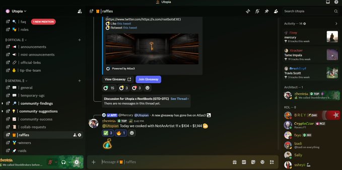 Screenshot of a Discord server named 'Utopia' showing the #raffles channel with giveaway information for 'RootBots (STT-DTC) See Thread' and recent activity from users like Mercury, Stacker, and BreakInCrypt.