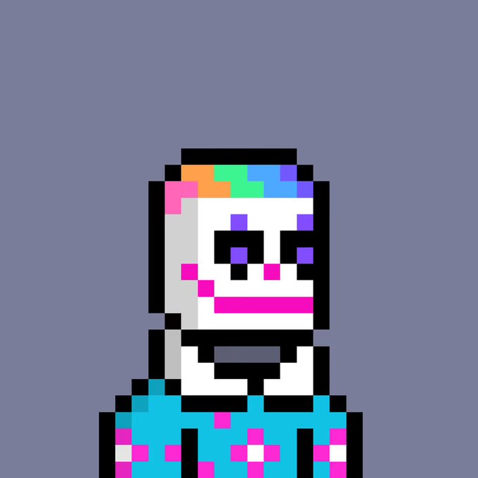A pixel art image features a stylized face with rainbow-colored hair against a solid blue background.