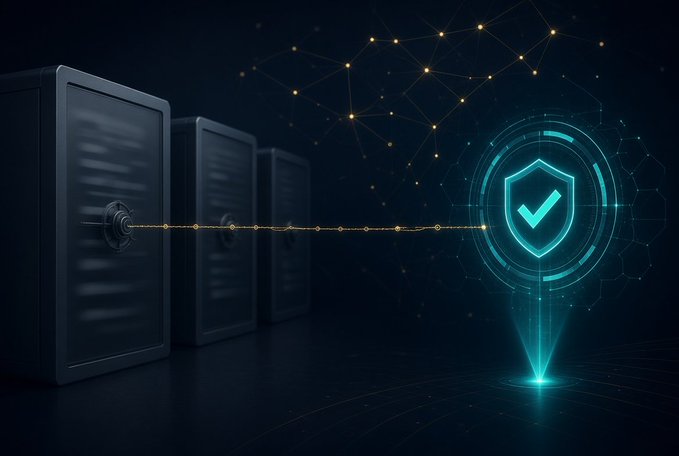 A digital art image depicting servers on the left connected by a glowing data line to a bright blue shield with a checkmark, symbolizing cybersecurity or secure network.
