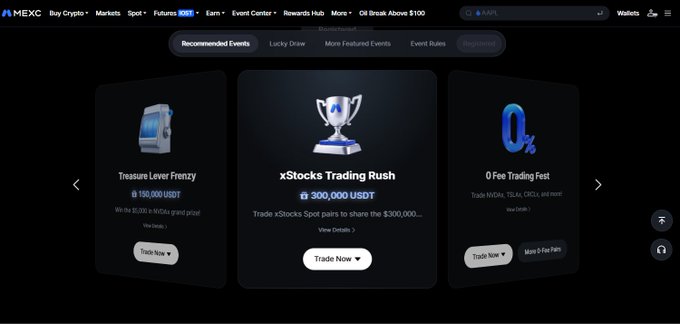A screenshot of the MEXC cryptocurrency exchange website displaying 'Recommended Events' including 'Treasure Lever Frenzy' and 'xStocks Trading Rush'.
