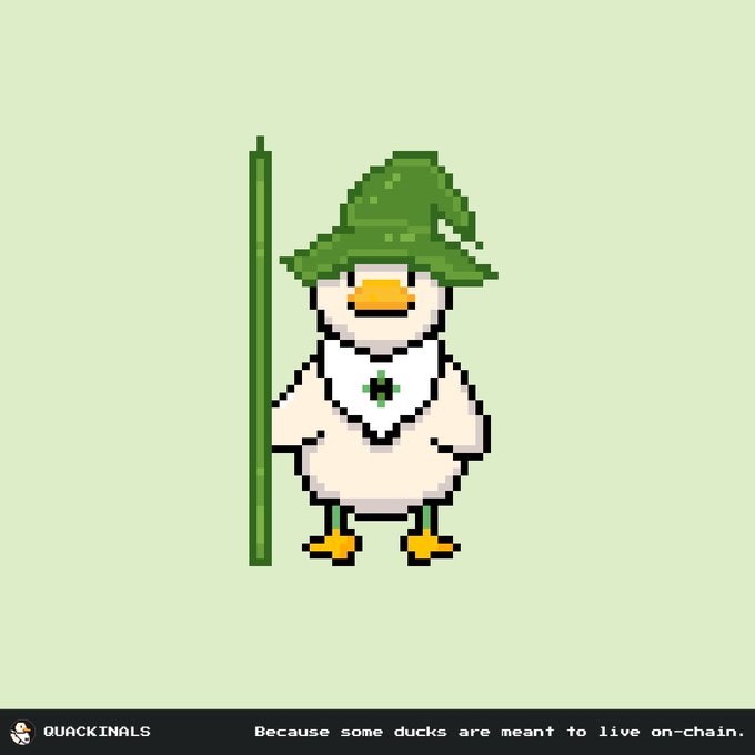 A pixel art image of a duck dressed in a green wizard hat and robe, holding a staff, with the text 'QUACKINALS Because some ducks are meant to live on-chain.'