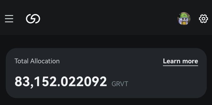 A screenshot of the GRVT platform dashboard showing a Total Allocation of 83,152.022092 GRVT tokens, illustrating the user's accumulated rewards from their long-term engagement with the project mentioned in the post.