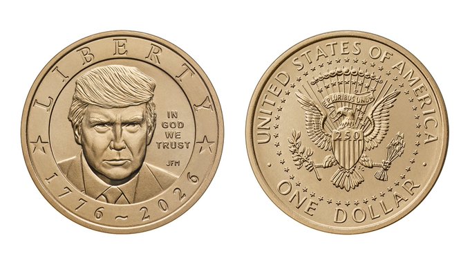 A gold commemorative coin featuring Donald Trump with 'LIBERTY,' 'IN GOD WE TRUST,' and '1776-2026' inscribed on the obverse, and the US national emblem with 'UNITED STATES OF AMERICA' and 'ONE DOLLAR' on the reverse.