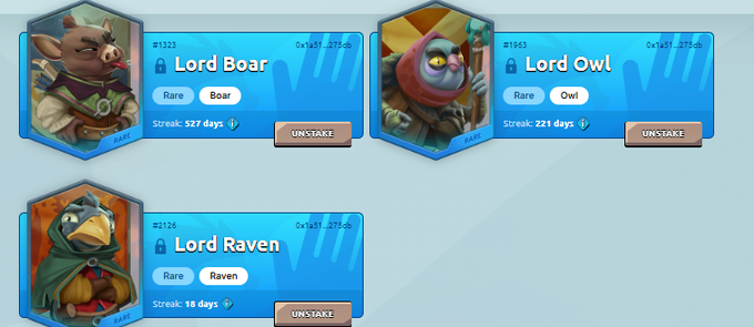 Three NFT-style cards labeled 'Lord Boar' (#1323), 'Lord Owl' (#1963), and 'Lord Raven' (#2128), each marked as Rare with streak counts and an UNSTAKE button.