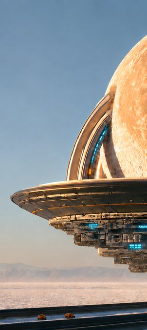 A futuristic structure or spacecraft hovering above a desert landscape, with a large spherical/moon-like object attached to it.