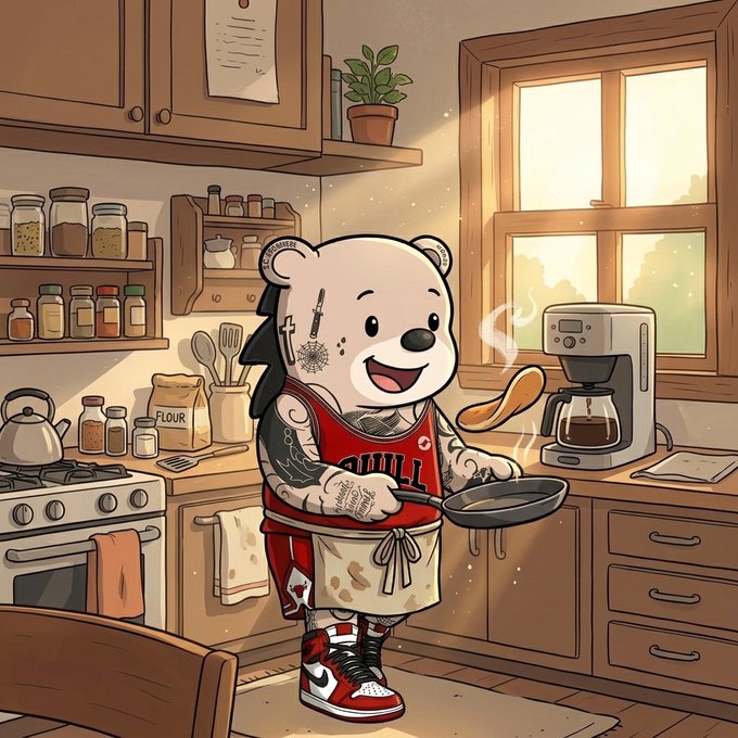 An illustrated tattooed bear wearing a red 'BULL' jersey and sneakers happily cooks in a sunny kitchen, holding a frying pan and a wooden spoon.