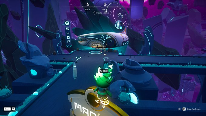 A green-haired character named "Alexey" stands in a stylized purple cavern facing a mysterious merchant's spaceship labeled "SHOP," which displays "525 m" and "606 m" distance markers above it. The scene directly illustrates the post by showing the merchant having just arrived in his spacecraft, with Alexey positioned to interact with the shop interface.