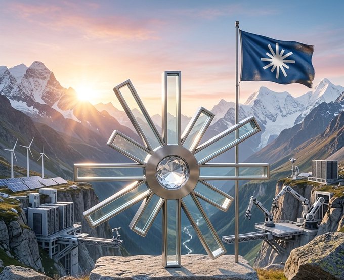 A futuristic landscape features a large metallic star-shaped structure with a central crystal, set against snow-capped mountains, wind turbines, and a flag bearing a starburst symbol.