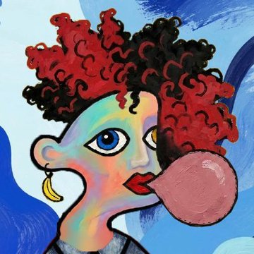 A stylized colorful portrait painting of a woman with red curly hair, blue eyes, red lips, and a gold earring blowing a pink bubble gum bubble against a blue background.