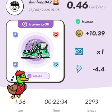 The image shows a STEPN fitness app screenshot from user "shenfeng842" (dated 28/06/2026 01:05), featuring a Level 30 Trainer "Human" sneaker with a score of 6043, earning 0.46 GMT/min and 10.39 SOL, alongside stats of 1.56 km in 00:22:34 and 2293 steps. The accompanying post celebrates nearing the end of STEPNathon, noting the typhoon has passed and sharing activation codes, which aligns with the image's STEPN-related activity metrics.