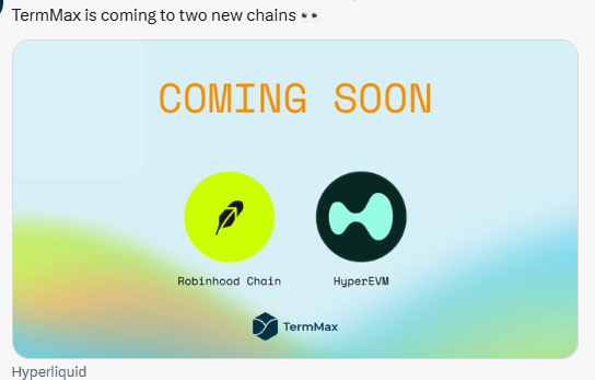 Announcement graphic titled 'TermMax is coming to two new chains' with 'COMING SOON' text, showing logos for Robinhood Chain and HyperEVM, and a Hyperliquid watermark.