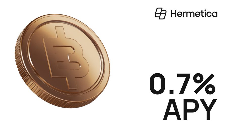 A promotional graphic for Hermetica featuring a bronze Bitcoin coin on the left and the text "0.7% APY" in large black font on the right, set against a white background.