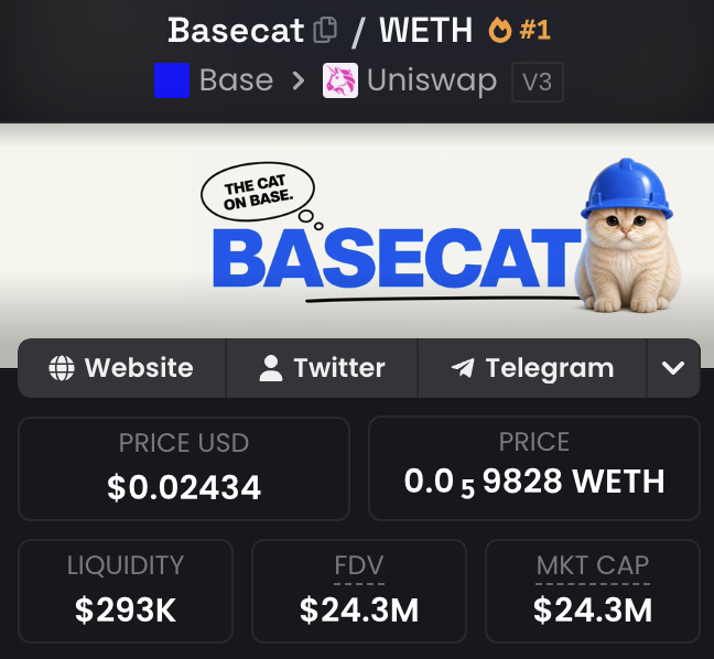 A screenshot shows the Basecat (BASECAT) / WETH token page on Base network via Uniswap V3, ranked #1 trending, with a price of $0.02434, liquidity of $293K, and market cap/FDV of $24.3M, accompanied by the tagline "THE CAT ON BASE." The post's claim of a good entry aligns with the displayed low price and trending status, suggesting optimism about further upside despite its meme-themed branding.