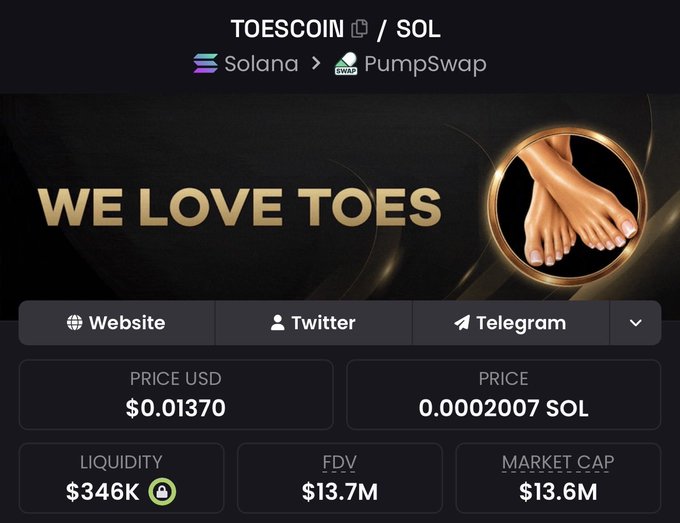 The image shows a pair of feet against a black background with gold text on them. The foot text reads "We love toes" along with the website "www.toescoin.com/solana/pumpswap". There is also information about a marketplace where you can purchase Bitcoins and a twitter account for selling them.