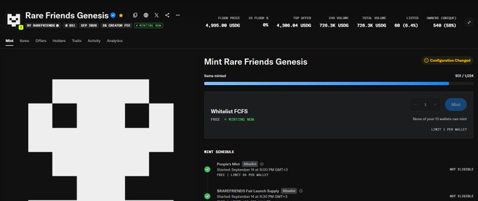 A screenshot of a cryptocurrency minting page for 'Rare Friends Genesis' on a platform showing stats like a floor price of 4,995.00 USDG, with a pixel art skull logo.