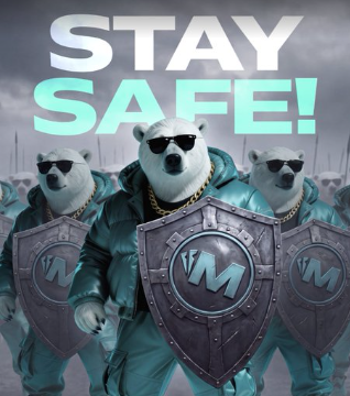 A digital artwork displays three anthropomorphic polar bears wearing sunglasses, gold chains, and teal tracksuits while holding shields with an 'M' logo, under the text 'STAY SAFE!'.