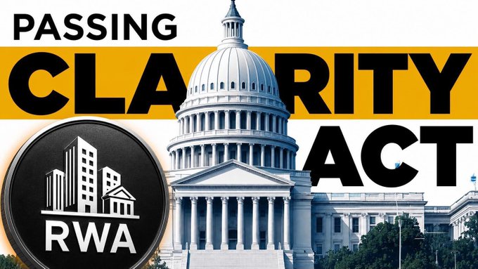 Graphic announcing 'PASSING CLARITY ACT' with an image of the U.S. Capitol building and a circular 'RWA' (Real World Assets) badge.