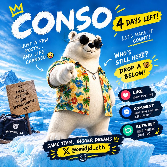 Promotional graphic featuring a polar bear in a Hawaiian shirt and sunglasses with text 'CONSO 4 DAYS LEFT!', '@conso_xyz', and '@omjdj_eth' on an icy background.