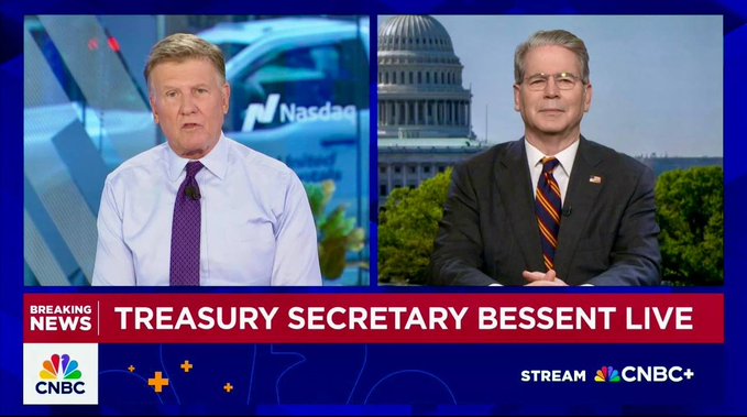 A CNBC news broadcast split-screen featuring an interview with Treasury Secretary Scott Bessent, labeled "TREASURY SECRETARY BESSENT LIVE" and "STREAM CNBC+".