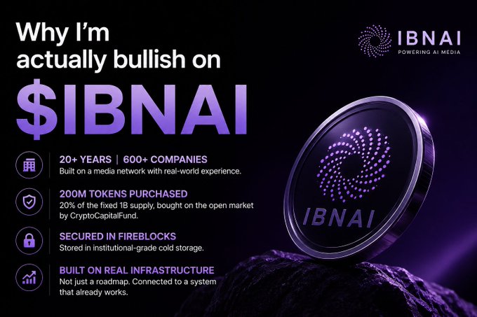 A promotional graphic with the headline 'Why I'm actually bullish on $IBNAI' (IBNAI - Powering AI Media) highlighting features like '20+ YEARS | 600+ COMPANIES', '200M TOKENS PURCHASED', 'SECURED IN FIREBLOCKS', and 'BUILT ON REAL INFRASTRUCTURE.'