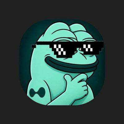 A cartoonish teal character with a wide smile wears pixelated "deal with it" sunglasses, set against a dark background.
