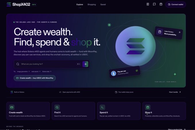 Screenshot of the 'ShopX402' website homepage, with the Solana logo and tagline 'Create wealth. Find, spend & shop it.' along with 'Open payments with x402'.