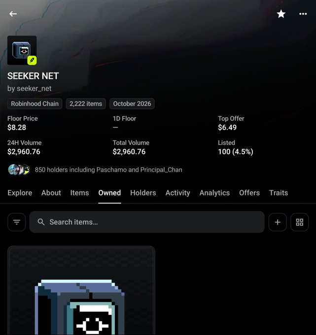 A screenshot of a digital asset page for 'SEEKER NET' on Robinhood Chain, showing 2,222 items with a floor price of $8.28 and 850 holders.